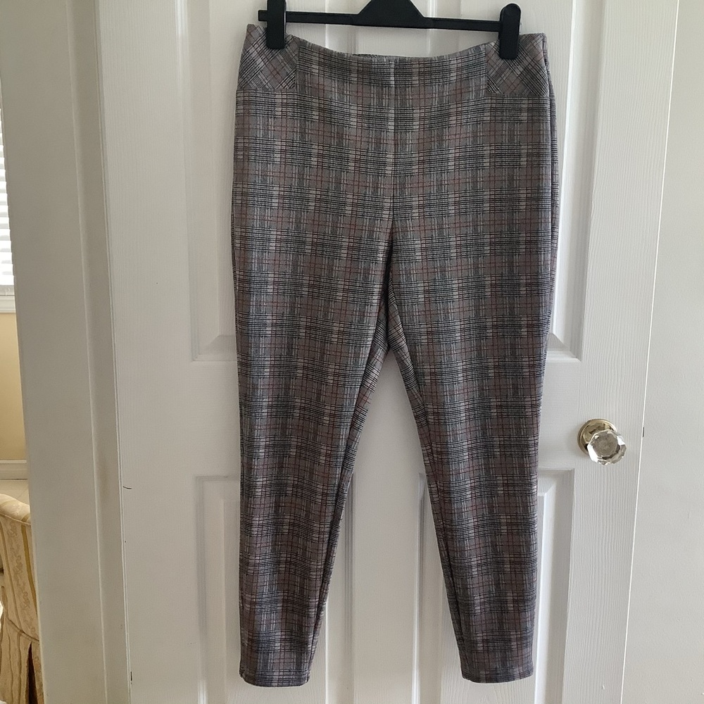 TRIBAL Pants Pull-On Stretch GREY TAN PLAID Sz G/L